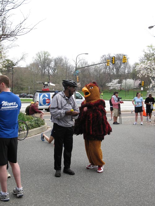 Saint Joseph's University Hawk Mascot, City 6 5K Charity Run Registration, Lloyd Hall, Kelly Drive, Fairmount Park, Philadelphia, Pennsylvania, April 3, 2010