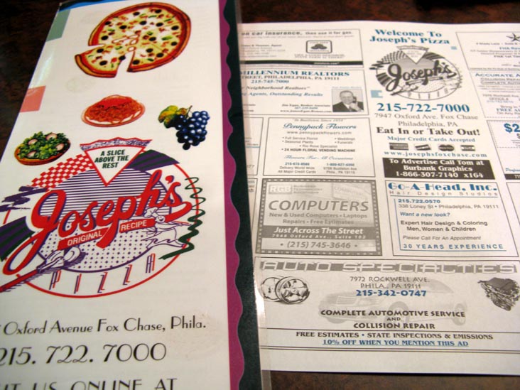 Menu, Joseph's Pizza, 7947 Oxford Avenue, Fox Chase, Philadelphia, Pennsylvania