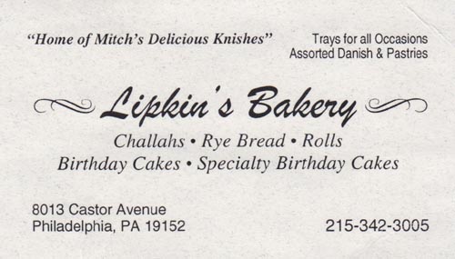 Business Card, Lipkin's Bakery, 8013 Castor Avenue, Northeast Philadelphia, Philadelphia, Pennsylvania