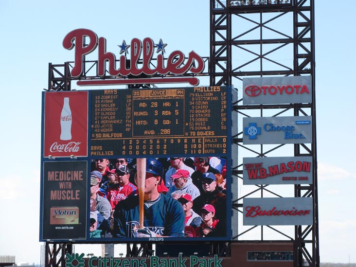 Scoreboard, Phillie Phanatic, Philadelphia Phillies vs. Tampa Bay Rays, Citizens Bank Park, Philadelphia, Pennsylvania, April 4, 2009