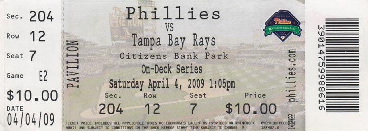 Ticket, Philadelphia Phillies vs. Tampa Bay Rays, Citizens Bank Park, Philadelphia, Pennsylvania, April 4, 2009