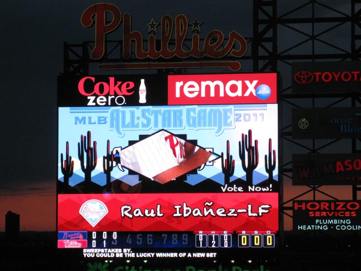 Scoreboard, Philadelphia Phillies vs. Atlanta Braves, Citizens Bank Park, Philadelphia, Pennsylvania, May 7, 2011