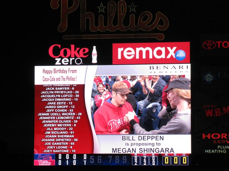 Marriage Proposal, Scoreboard, Philadelphia Phillies vs. Atlanta Braves, Citizens Bank Park, Philadelphia, Pennsylvania, May 7, 2011