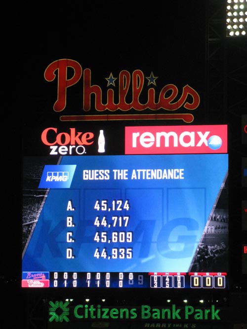 Guess The Attendance, Scoreboard, Philadelphia Phillies vs. Atlanta Braves, Citizens Bank Park, Philadelphia, Pennsylvania, May 7, 2011
