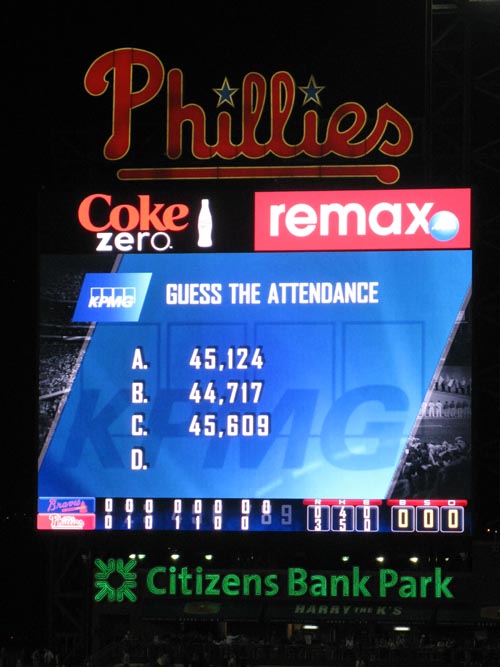 Guess The Attendance, Scoreboard, Philadelphia Phillies vs. Atlanta Braves, Citizens Bank Park, Philadelphia, Pennsylvania, May 7, 2011