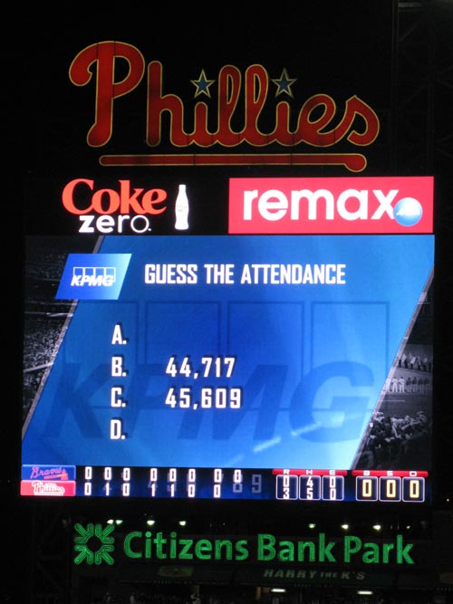 Guess The Attendance, Scoreboard, Philadelphia Phillies vs. Atlanta Braves, Citizens Bank Park, Philadelphia, Pennsylvania, May 7, 2011