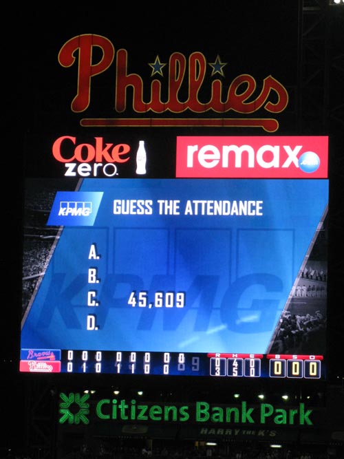 Guess The Attendance, Scoreboard, Philadelphia Phillies vs. Atlanta Braves, Citizens Bank Park, Philadelphia, Pennsylvania, May 7, 2011