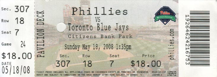 Ticket, Philadelphia Phillies vs. Toronto Blue Jays, Citizens Bank Park, Philadelphia, Pennsylvania, May 18, 2008
