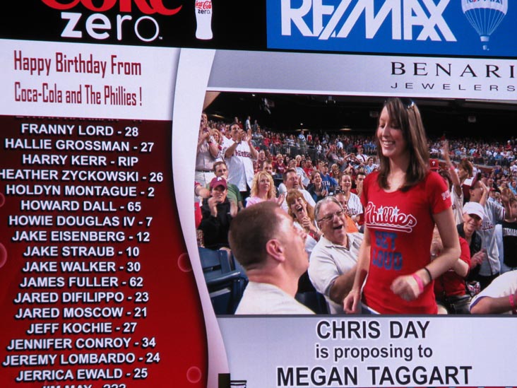 Marriage Proposal, Scoreboard, Philadelphia Phillies vs. Texas Rangers, Citizens Bank Park, Philadelphia, Pennsylvania, May 21, 2011