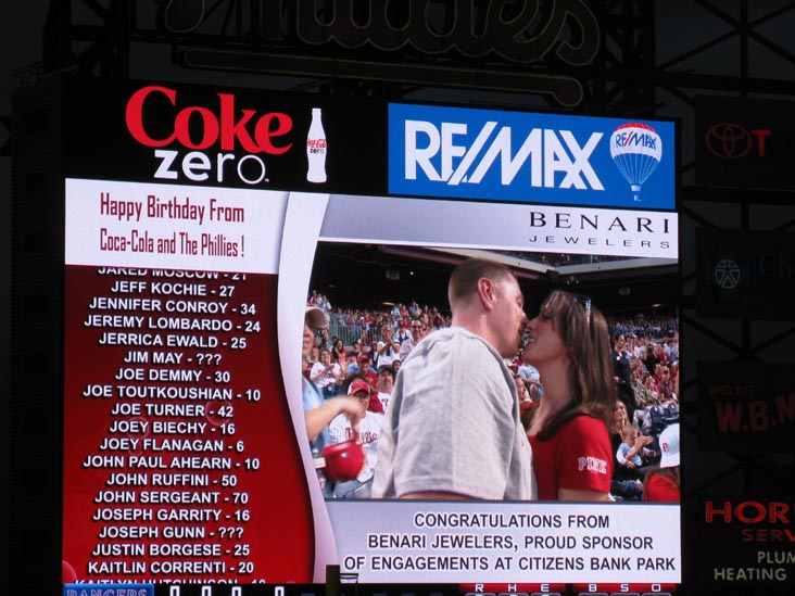 Marriage Proposal, Scoreboard, Philadelphia Phillies vs. Texas Rangers, Citizens Bank Park, Philadelphia, Pennsylvania, May 21, 2011