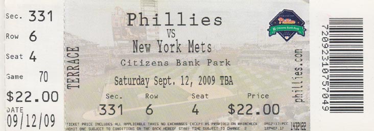 Ticket, Philadelphia Phillies vs. New York Mets, Citizens Bank Park, Philadelphia, Pennsylvania, September 12, 2009