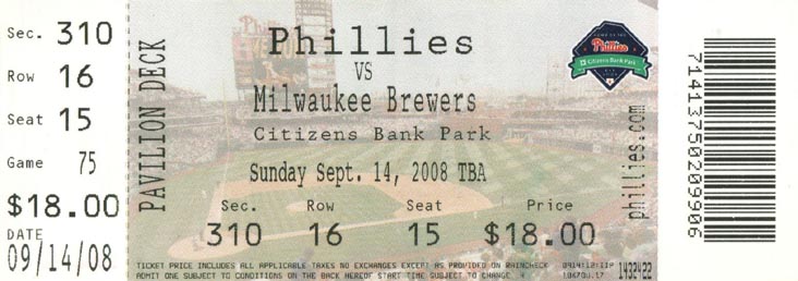 Ticket, Philadelphia Phillies vs. Milwaukee Brewers, Citizens Bank Park, Philadelphia, Pennsylvania, September 14, 2008