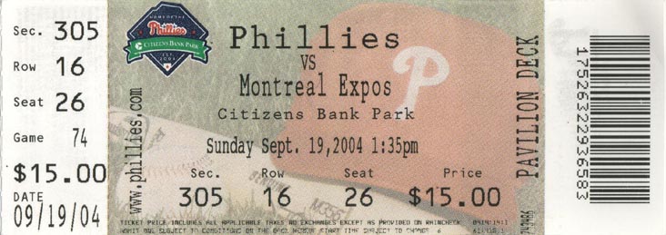 Ticket Stub, Philadelphia Phillies vs. Montreal Expos at Citizens Bank Park, September 19, 2004