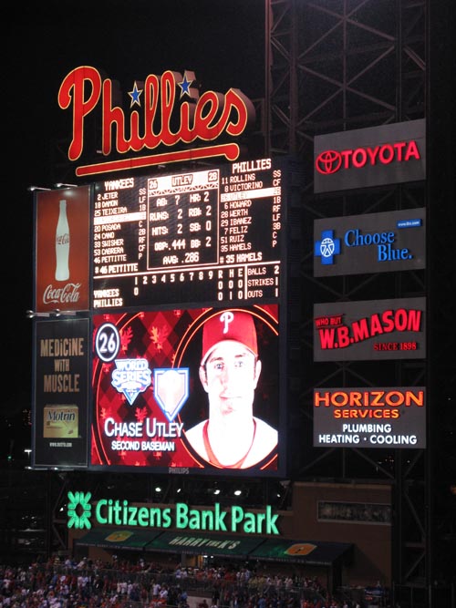 Scoreboard, Bottom Of First, View From Section 302, Philadelphia Phillies vs. New York Yankees, World Series Game 3, Citizens Bank Park, Philadelphia, Pennsylvania, October 31, 2009