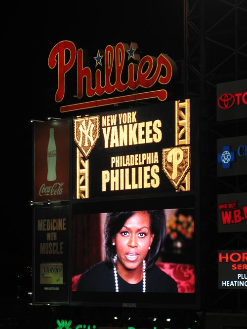 Michelle Obama On Jumbotron, View From Section 302, Philadelphia Phillies vs. New York Yankees, World Series Game 3, Citizens Bank Park, Philadelphia, Pennsylvania, October 31, 2009