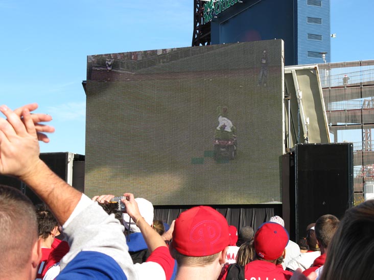 Phillie Phanatic Entering Citizens Bank Park On Screen Outside Citizens Bank Park, 2008 Phillies World Series Parade Rally, South Philadelphia, Philadelphia, Pennsylvania, October 31, 2008, 3:57 p.m.