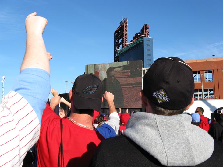 Pat Burrell Entering Citizens Bank Park On Screen Outside Citizens Bank Park, 2008 Phillies World Series Parade Rally, South Philadelphia, Philadelphia, Pennsylvania, October 31, 2008, 4:14 p.m.