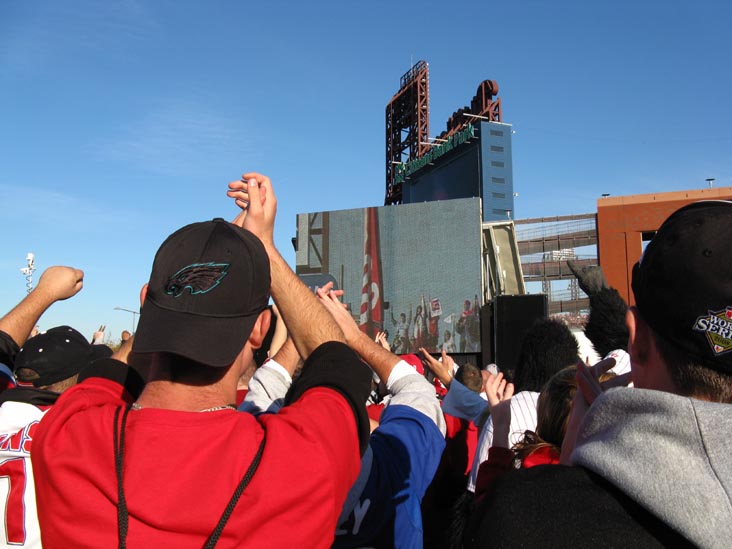 Raising 2008 World Championship Banner In Citizens Bank Park On Screen Outside Citizens Bank Park, 2008 Phillies World Series Parade Rally, South Philadelphia, Philadelphia, Pennsylvania, October 31, 2008, 4:21 p.m.