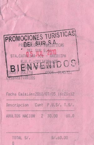 Ticket, Monasterio de Santa Catalina/Santa Catalina Monastery, Arequipa, Peru