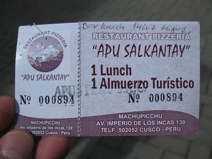 Complimentary Lunch Ticket, Apu Salkantay Restaurant Pizzeria, Avenida Imperio de Los Incas, 139, Aguas Calientes/Machupicchu Pueblo, Cusco Region, Peru