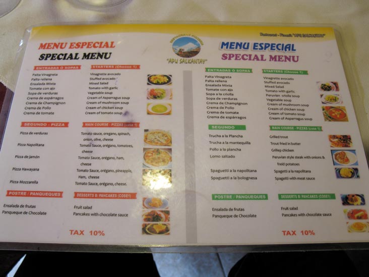 Menu, Apu Salkantay Restaurant Pizzeria, Avenida Imperio de Los Incas, 139, Aguas Calientes/Machupicchu Pueblo, Cusco Region, Peru