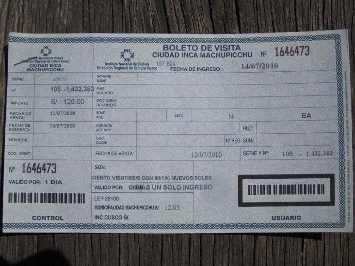 Ticket/Boleta de Visita, Machu Picchu, Peru