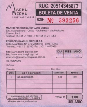 Bathroom Receipt, Machu Picchu, Peru