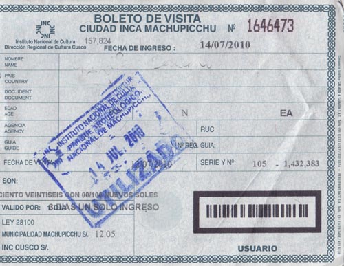 Ticket/Boleta de Visita, Machu Picchu, Peru