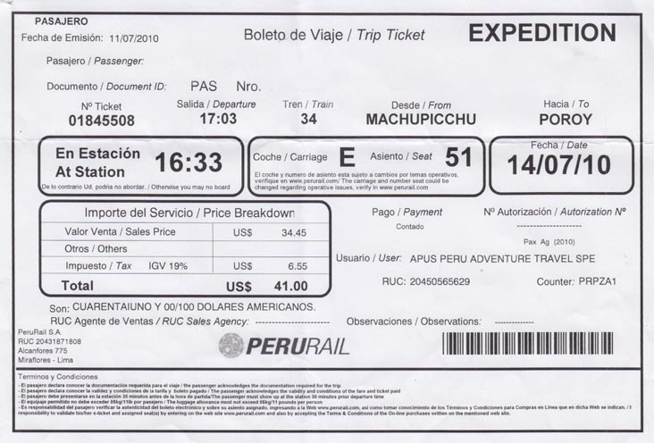 Ticket, Perurail Expedition Train 34, Machu Picchu To Poroy, Cusco Region, Peru, July 14, 2010