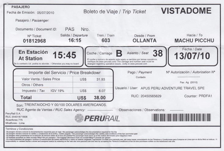 Ticket, Perurail Vistadome Train 603, Ollantaytambo To Machu Picchu, Cusco Region, Peru, July 13, 2010