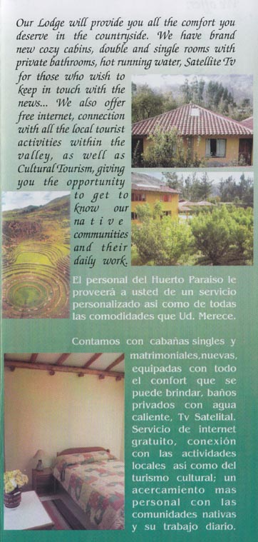 Brochure, El Huerto Paraíso Sacred Valley Lodge, Chichubamba, Urubamba, Cusco Region, Peru