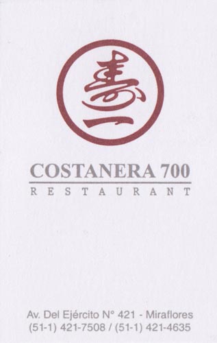 Business Card, Restaurant Costanera 700, Avenida Del Ejército, 421, Miraflores, Lima, Peru