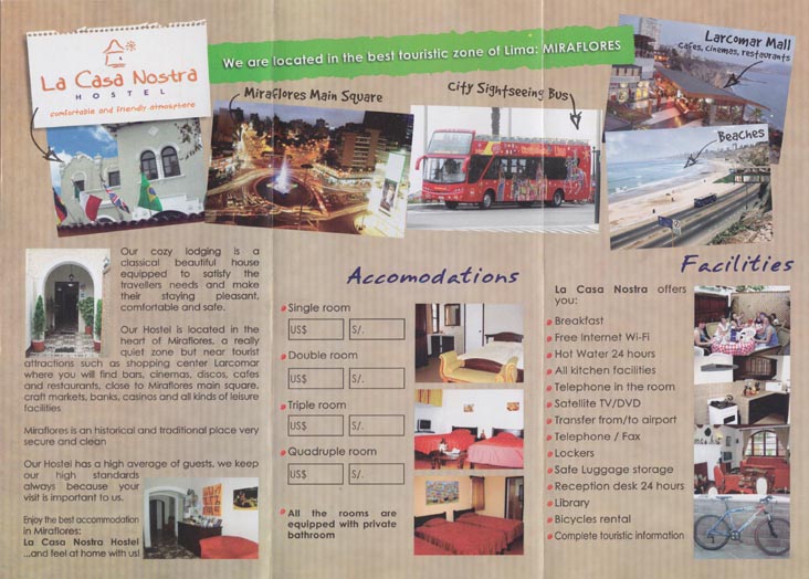 Brochure, La Casa Nostra, Grimaldo del Solar, 265, Miraflores, Lima, Peru