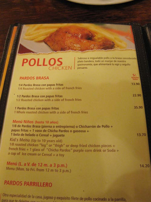 Menu, Pardo's Chicken, Avenida Benavides, 730, Miraflores, Lima, Peru