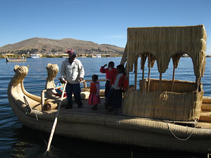 Wiñay Pacha Totora Reed Boat Docked at Isla Jacha Challwa, Uros Floating Islands, Puno Bay, Lake Titicaca/Lago Titicaca, Peru