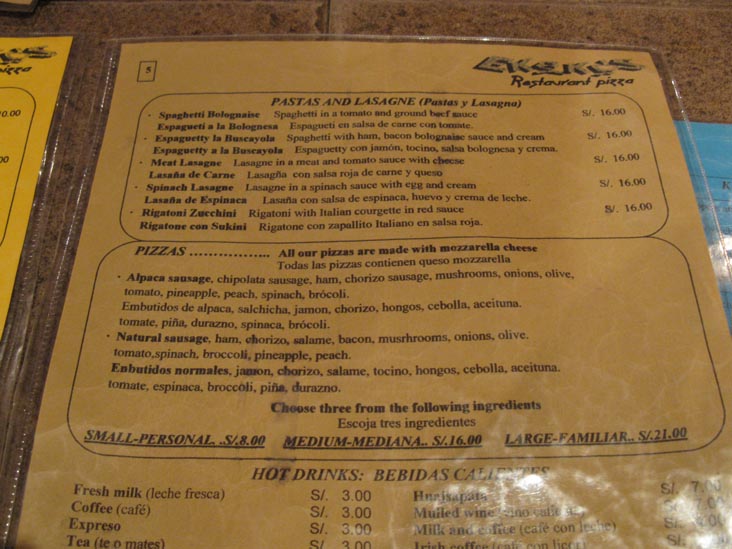 Menu, Ekeko's Restaurant, Jir&oacute;n Lima, 355, Puno, Peru