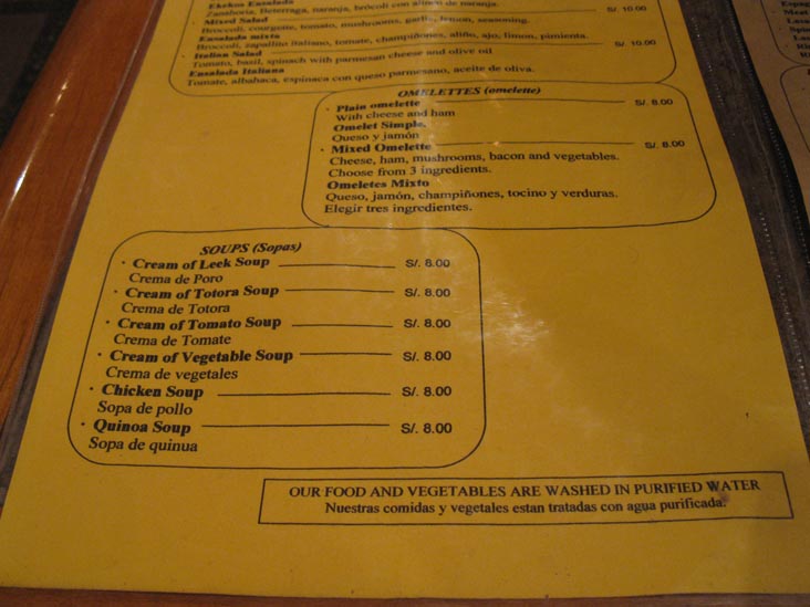Menu, Ekeko's Restaurant, Jir&oacute;n Lima, 355, Puno, Peru