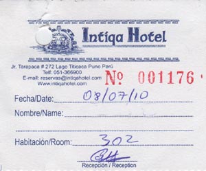 Left Luggage Tag, Intiqa Hotel, Jirón Tarapacá, 272, Puno, Peru