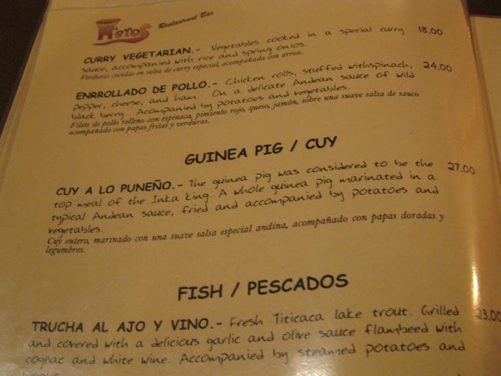 Menu, Kero's Restaurant, Jirón Lambayeque, 131, Puno, Peru