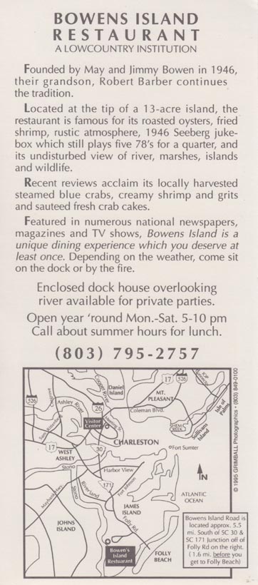 Brochure, Bowens Island Restaurant, 1870 Bowens Island Road, Charleston, South Carolina