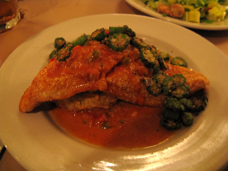 Sesame-Crusted Catfish With Sauteed Okra, Deep Fried Cheese Grits & Geechee Peanut Sauce, Hominy Grill, 207 Rutledge Avenue, Charleston, South Carolina