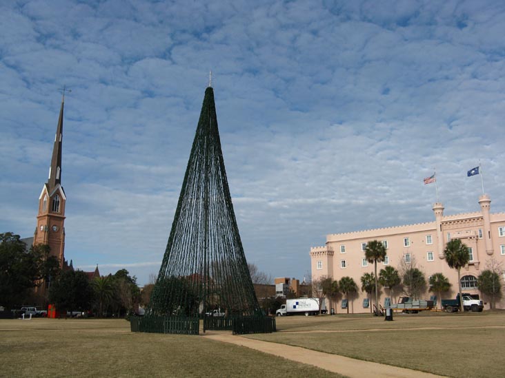 St. Matthew's Lutheran Church, Christmas Tree and South Carolina State Arsenal (Old Citadel), Marion Square, Charleston, South Carolina, December 30, 2009