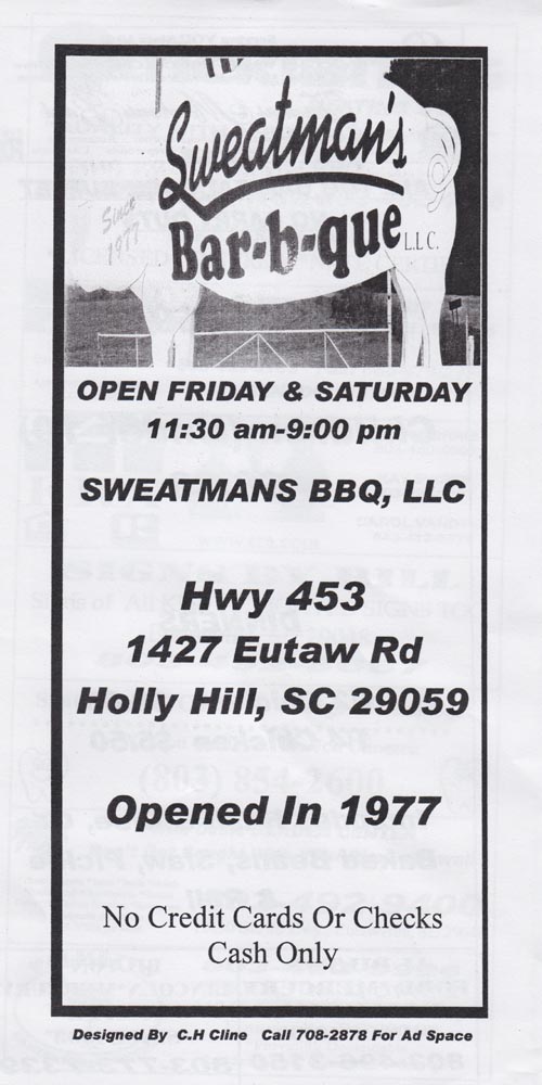 Menu, Sweatman's Bar-B-Que, 1427 Eutaw Road (Highway 453), Holly Hill, South Carolina