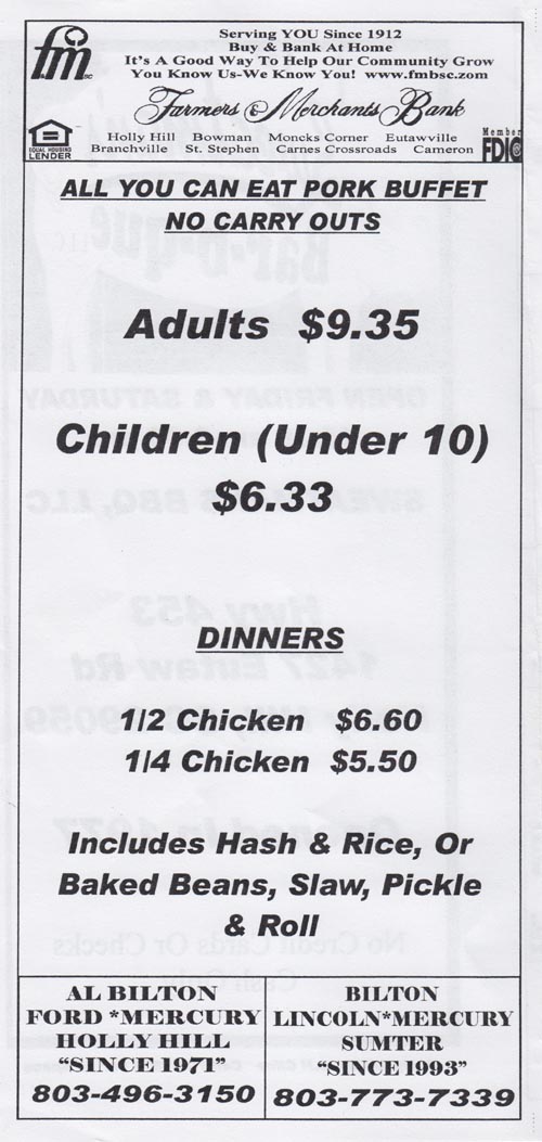 Menu, Sweatman's Bar-B-Que, 1427 Eutaw Road (Highway 453), Holly Hill, South Carolina