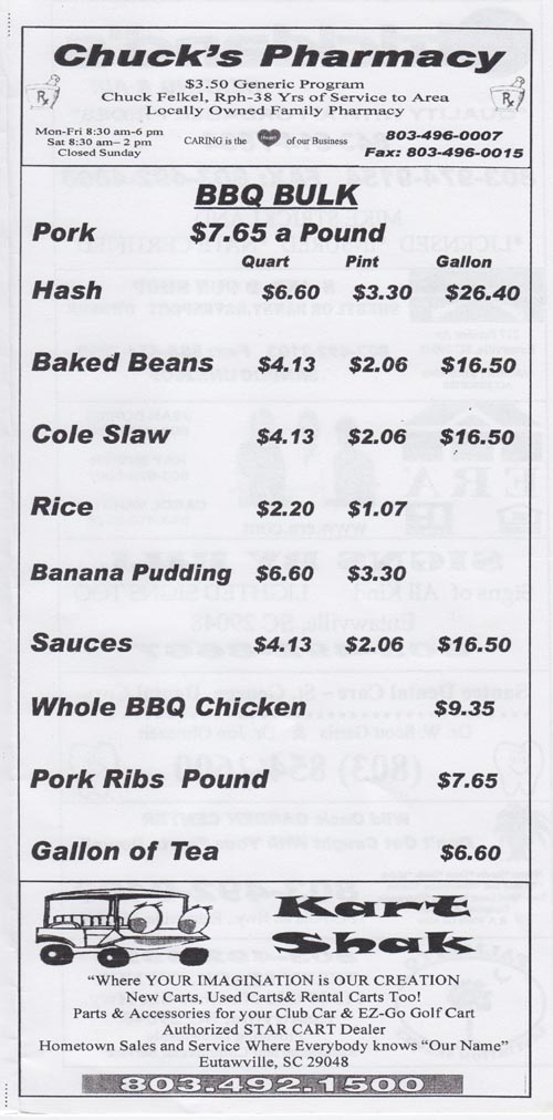 Menu, Sweatman's Bar-B-Que, 1427 Eutaw Road (Highway 453), Holly Hill, South Carolina