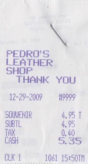 Receipt, Pedro's Leather Shop, South of the Border, Interstate 95 and US 301-501, South Carolina