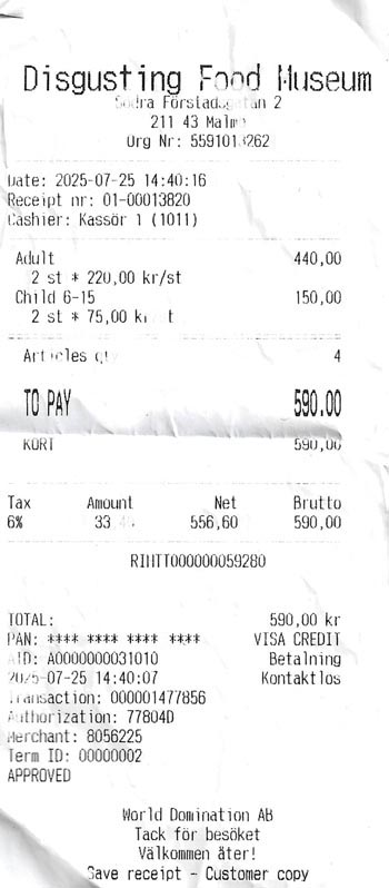 Receipt, Disgusting Food Museum, Malmö, Sweden