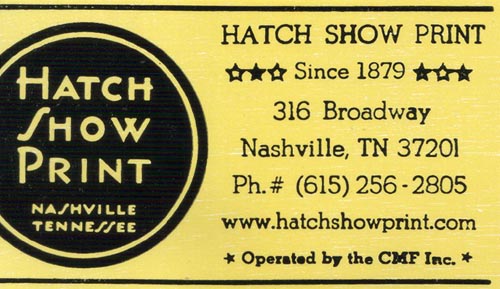 Business Card, Hatch Show Print, 316 Broadway, Nashville, Tennessee