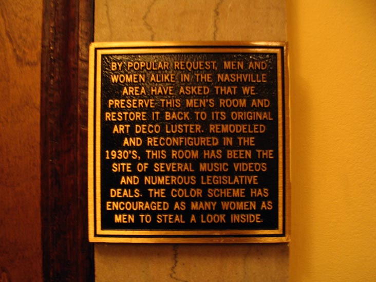 Plaque, Men's Room, The Hermitage Hotel, 231 Sixth Avenue North, Nashville, Tennessee