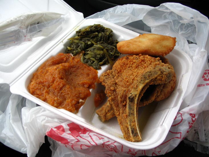 Fried Pork Chop, Sweet Potatoes, Turnip Greens and Fried Corn Bread, Lil Cee's Home-Cooked Meals, 605 Douglas Avenue, Nashville, Tennessee